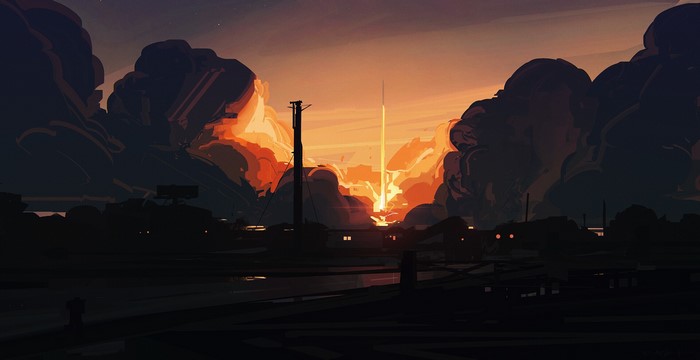 Rocket Launch at Sunset with Dramatic Clouds