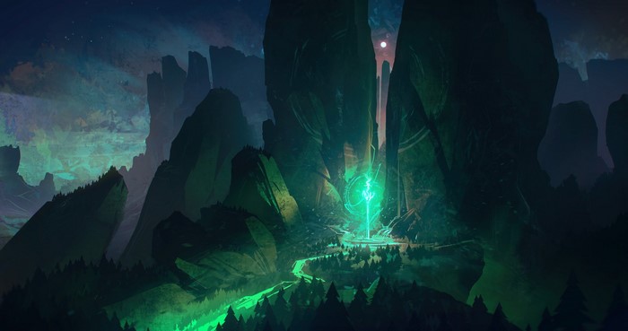 Fantasy landscape with glowing magic circle and mountains