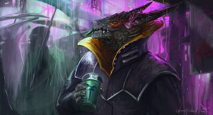 Dragon character in a futuristic city at night