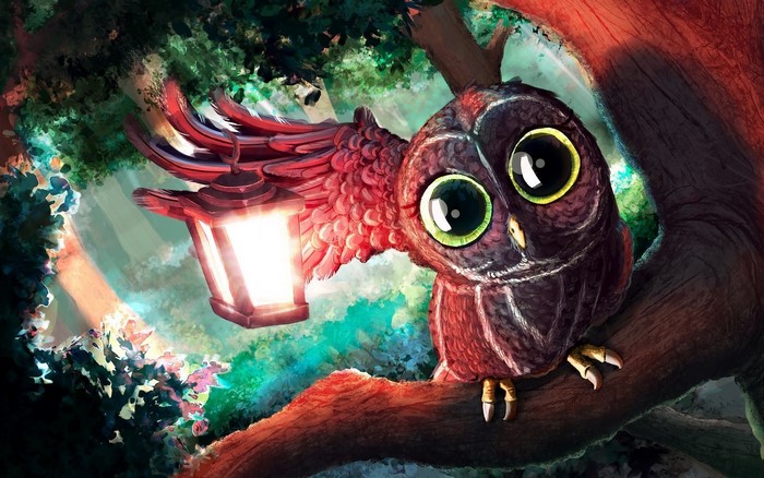 Fantasy owl holding a lantern in a forest