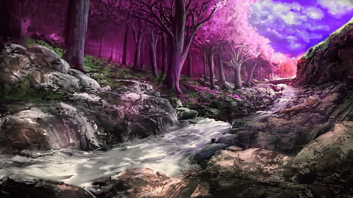 Fantasy forest with pink trees and a stream