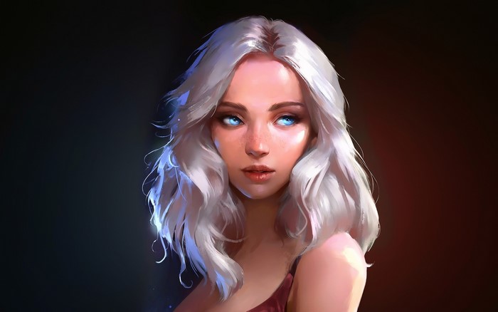 Woman with silver hair and glowing blue eyes