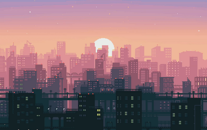 Pixel art city skyline at sunset
