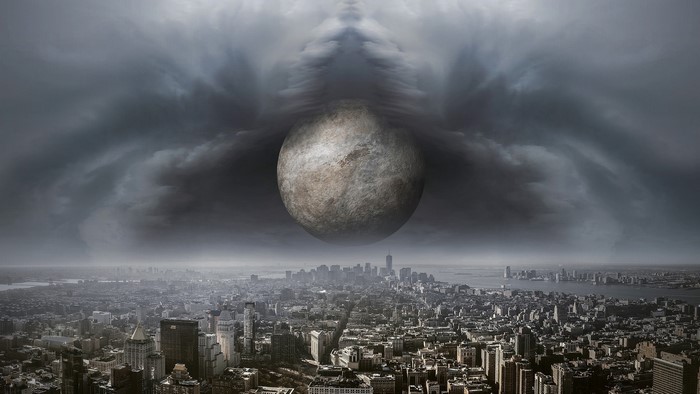 Planet hovering over a stormy cityscape