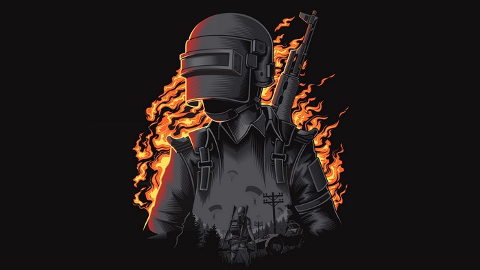 Soldier with AK-47 and fire from Player Unknown Battleground