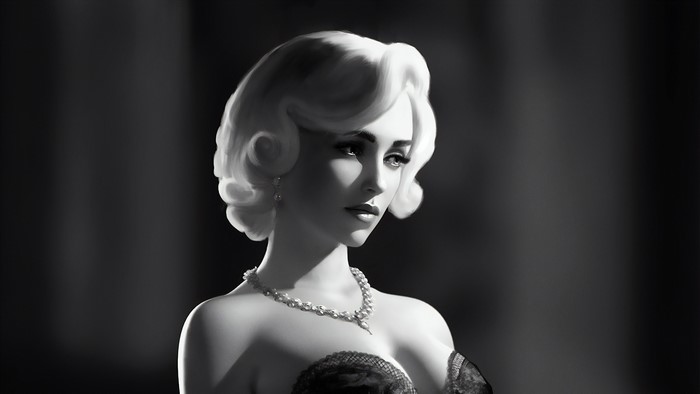 Monochrome portrait of a woman with blonde hair and pearls