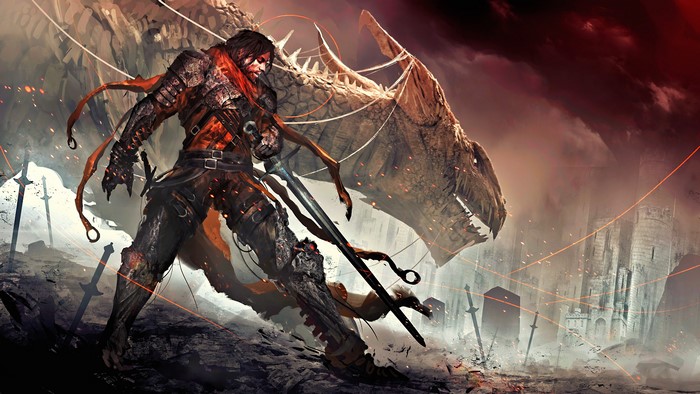 Warrior fighting a dragon with swords in background