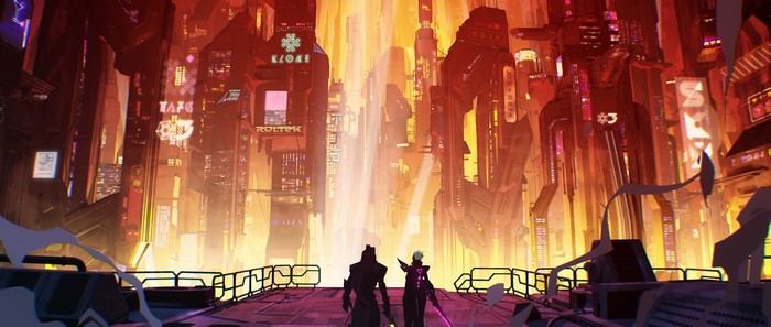 Master Yi and Fiora from League of Legends in a futuristic city