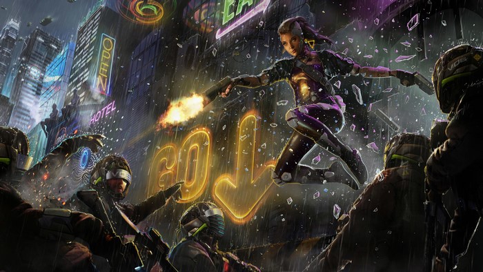 Woman in futuristic armor firing guns in a neon cyberpunk city at night