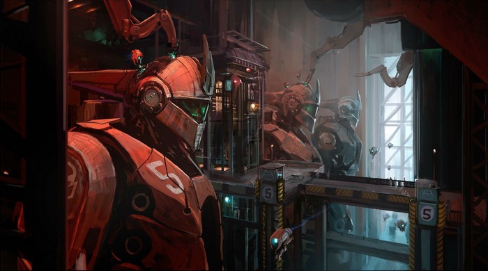 Futuristic robots in a factory setting, digital art