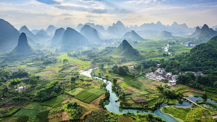 Aerial view of karst mountains and villages in China