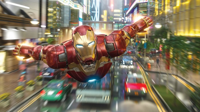 Iron Man flying through a city street