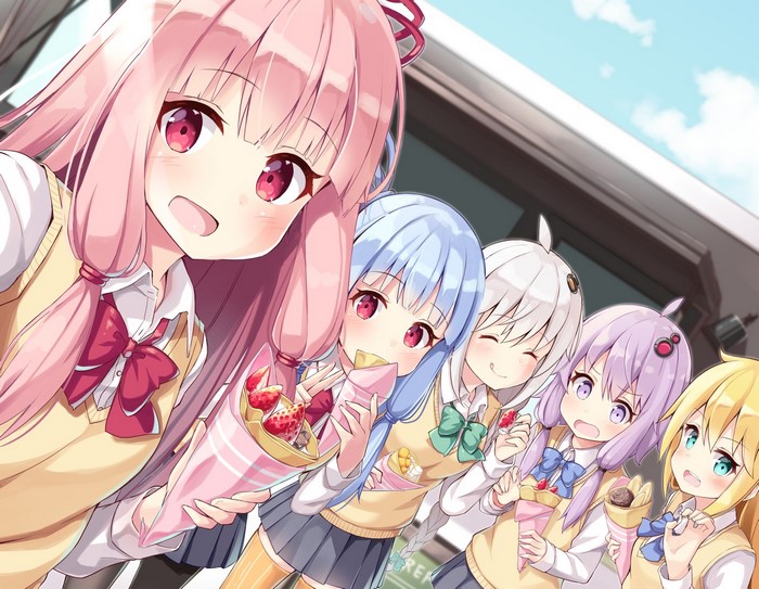 Anime girls in school uniforms eating crepes