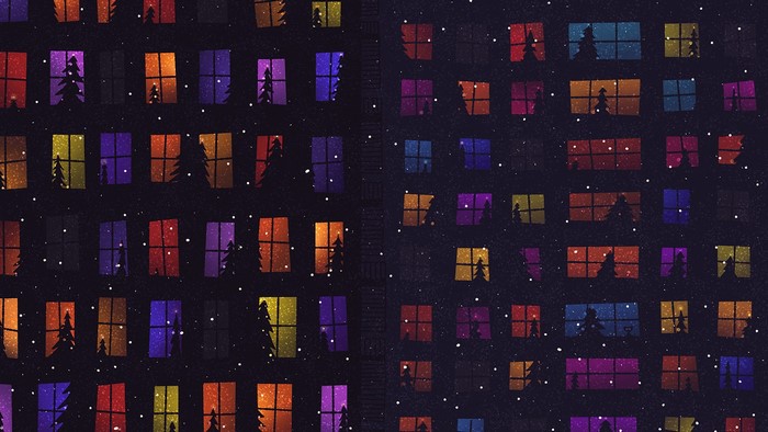 Colorful windows with Christmas trees and snow