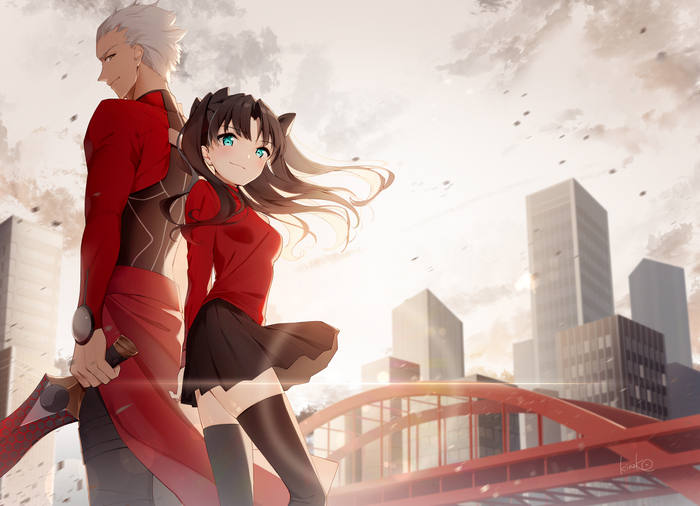 Archer and Rin Tohsaka from Fate/Stay Night in a city