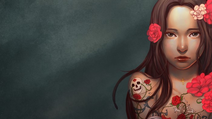 Woman with skull tattoo and roses