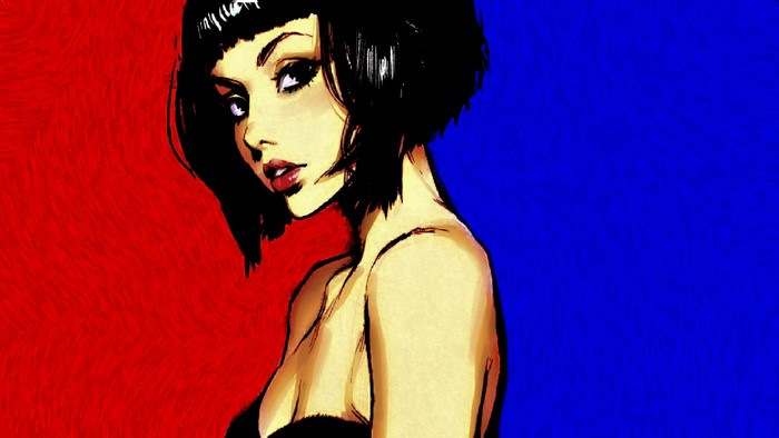 Woman with short black hair in front of red and blue background