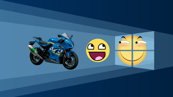 Suzuki motorcycle with Windows 10 and meme faces
