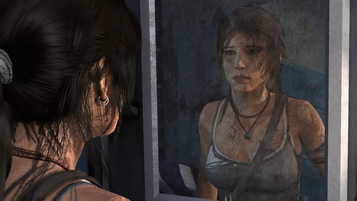 Lara Croft from Tomb Raider (2013) looking in a mirror