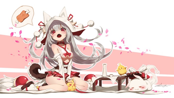 Yuudachi from Azur Lane with food and friends
