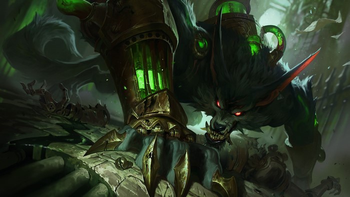 Warwick from League of Legends with glowing green vials