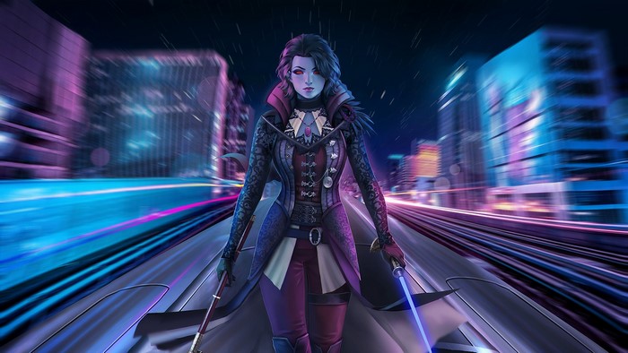Woman with lightsabers in a cyberpunk city