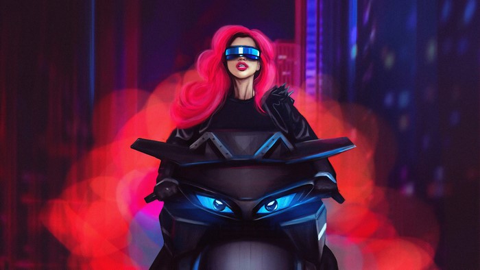 Woman with pink hair on a futuristic motorcycle