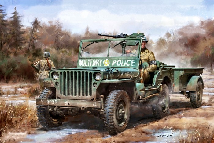 Military Police Jeep with Trailer and Soldiers
