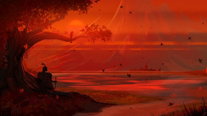 Knight watching sunset by a tree with fallen leaves