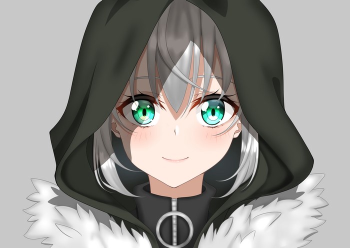 Anime girl with green eyes and gray hair wearing a hoodie