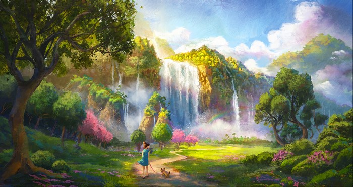 4K Fantasy Waterfall Landscape with Woman and Dog