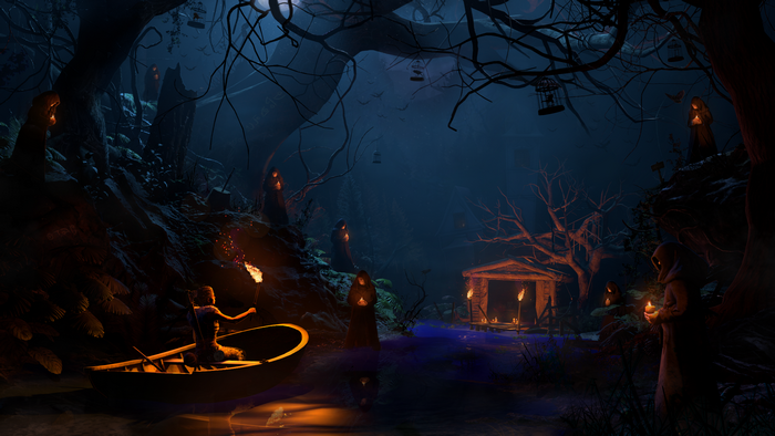 Monks in a dark forest with a boat and torches