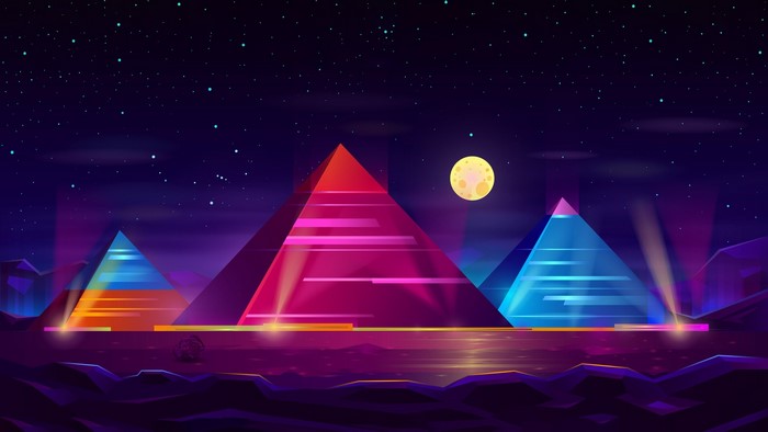 Neon pyramids under a starry night sky with a full moon