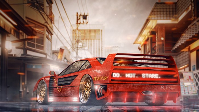 Red Ferrari F-40 artwork with "DO NOT STARE" text
