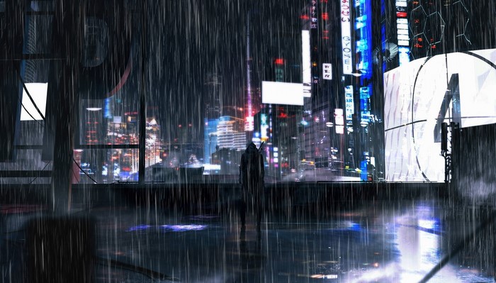 Silhouette in a futuristic city during a rainstorm