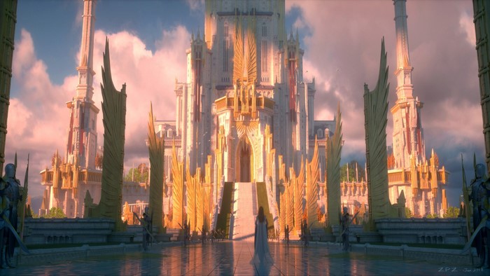 Fantasy castle with golden spires and a woman in white