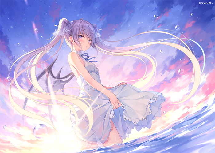 Anime girl with purple hair and wings in water