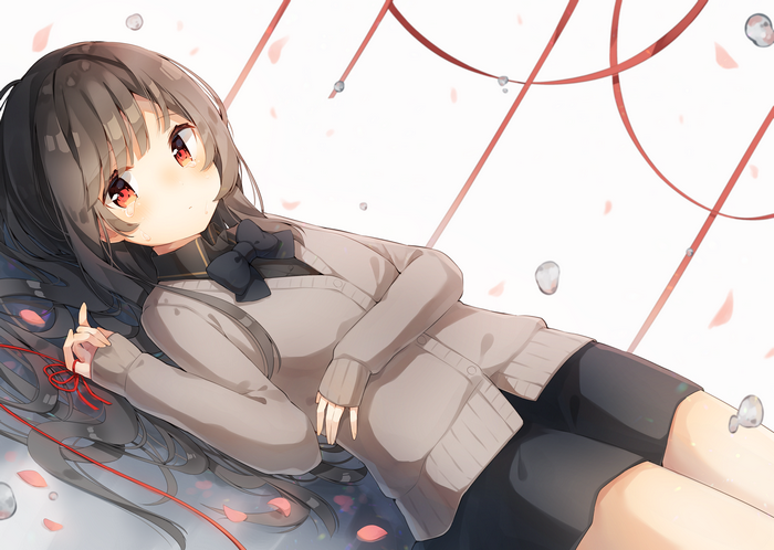 Anime girl with long brown hair and red eyes