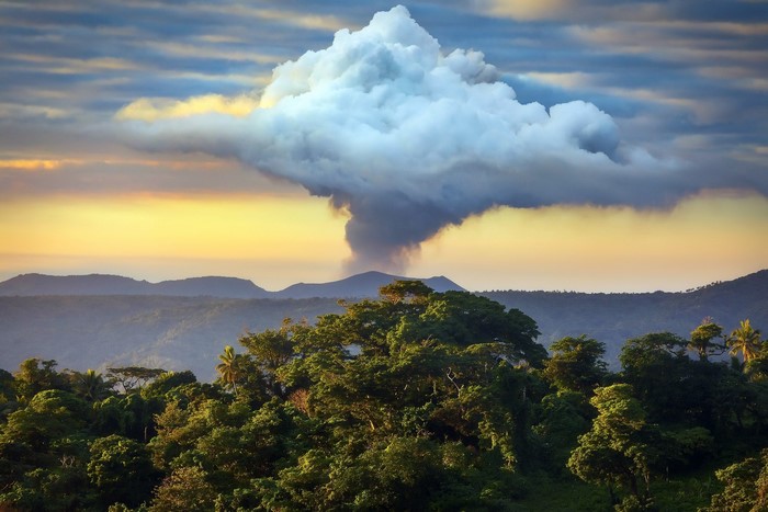 Volcanic eruption plume over a forested mountain landscape at sunset