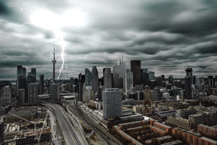 Lightning strikes Toronto cityscape during a storm