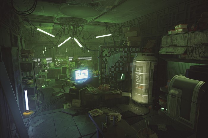 Futuristic cyberpunk room with computers and glowing lights