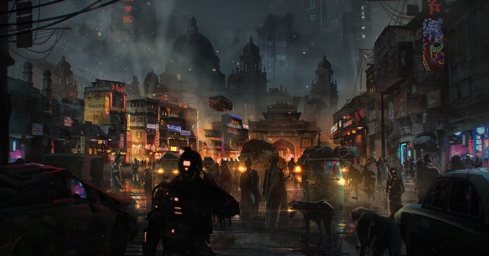 Cyberpunk India street scene with futuristic elements