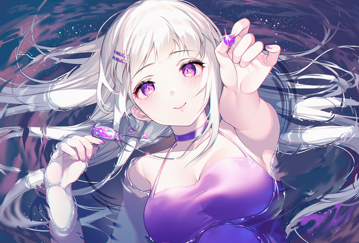 Anime girl with white hair and purple eyes holding a lollipop