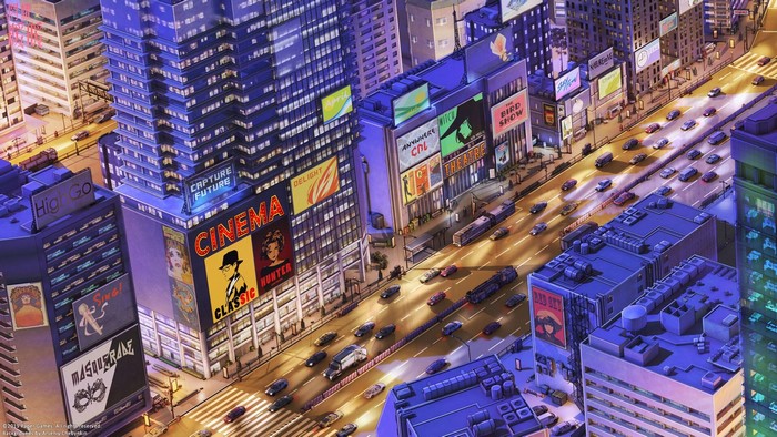 Nighttime cityscape with busy highway and illuminated buildings