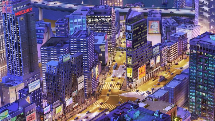 Anime Cityscape with Mercury Building and Advertisements