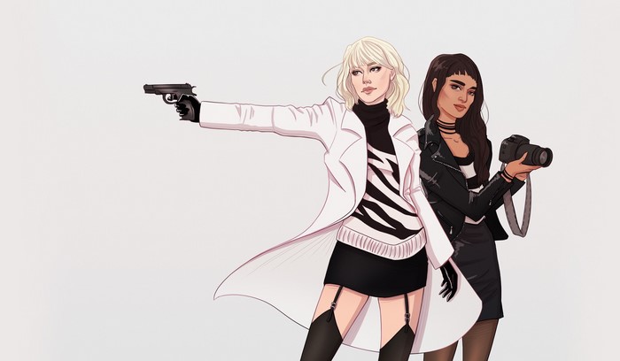 Two women with a gun and camera