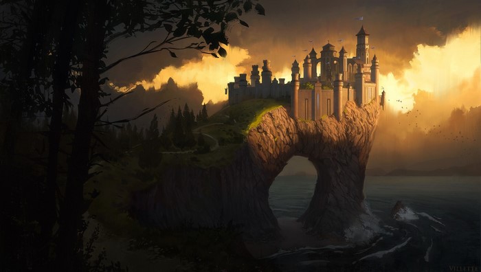 Fantasy castle on a cliff overlooking the sea at sunset