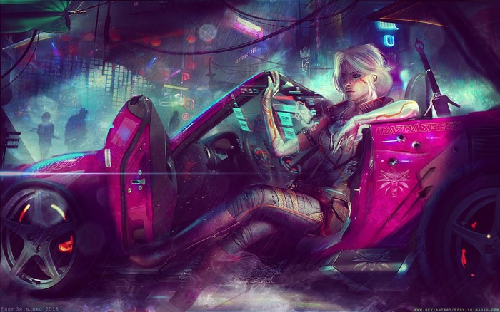 Ciri from The Witcher in a futuristic MazdaSpeed car