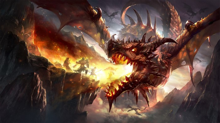 Dragons breathing fire on warriors in a rocky landscape