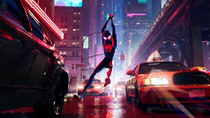 Spider-Man: Into the Spider-Verse Miles Morales swinging in city